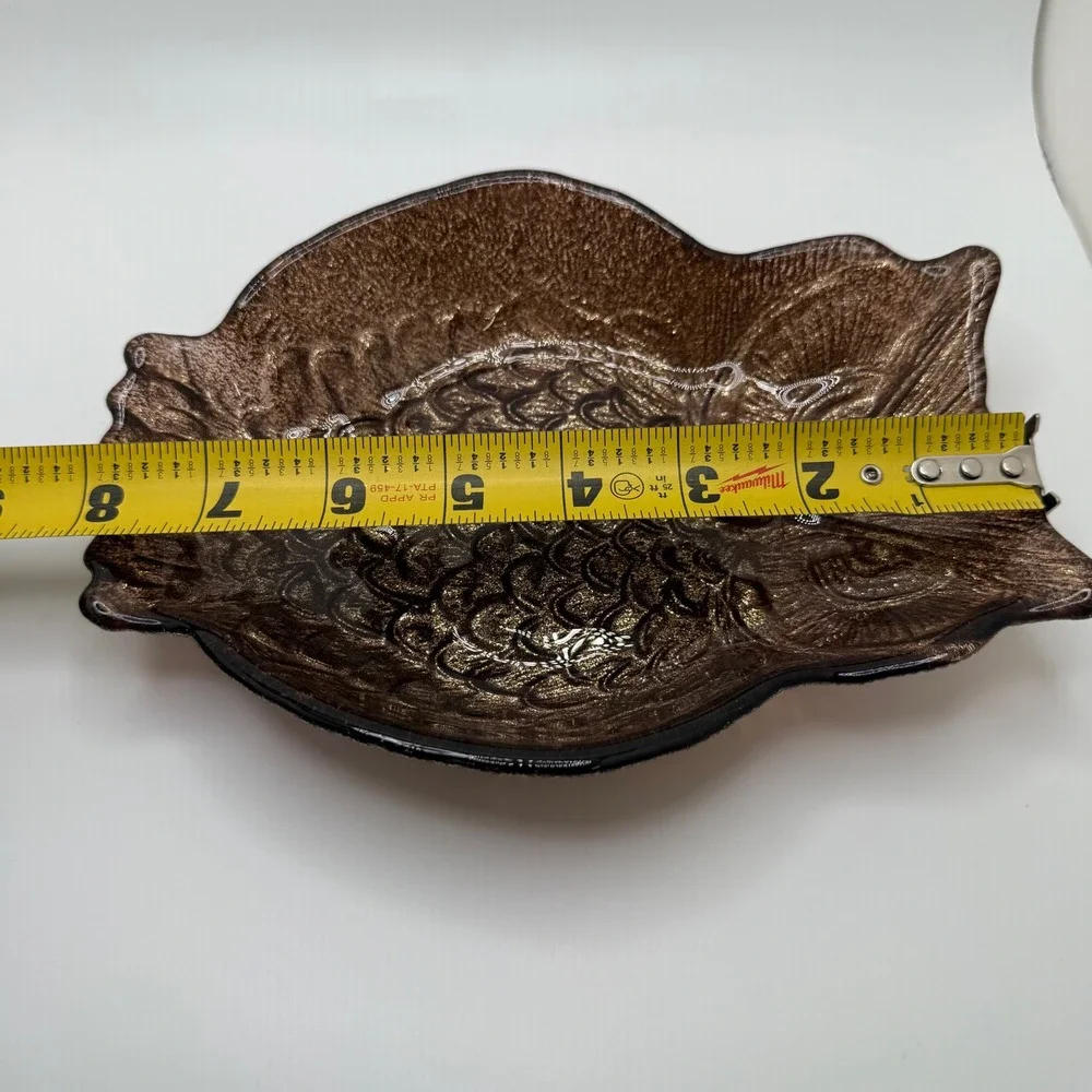 Vintage Owl Glass Dish Trinket‎ Candy Tray Brown Metallic Shimmer Accent Decor